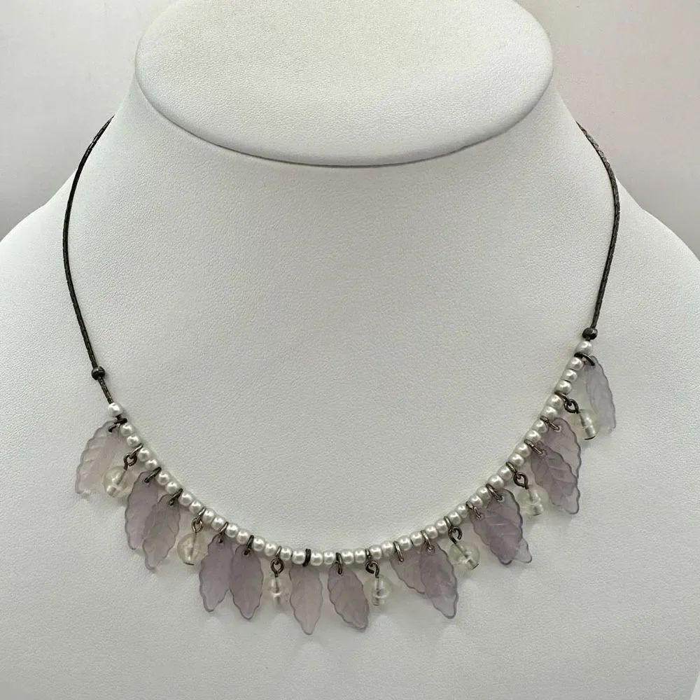 Silver tone  and purple leaf bib necklace